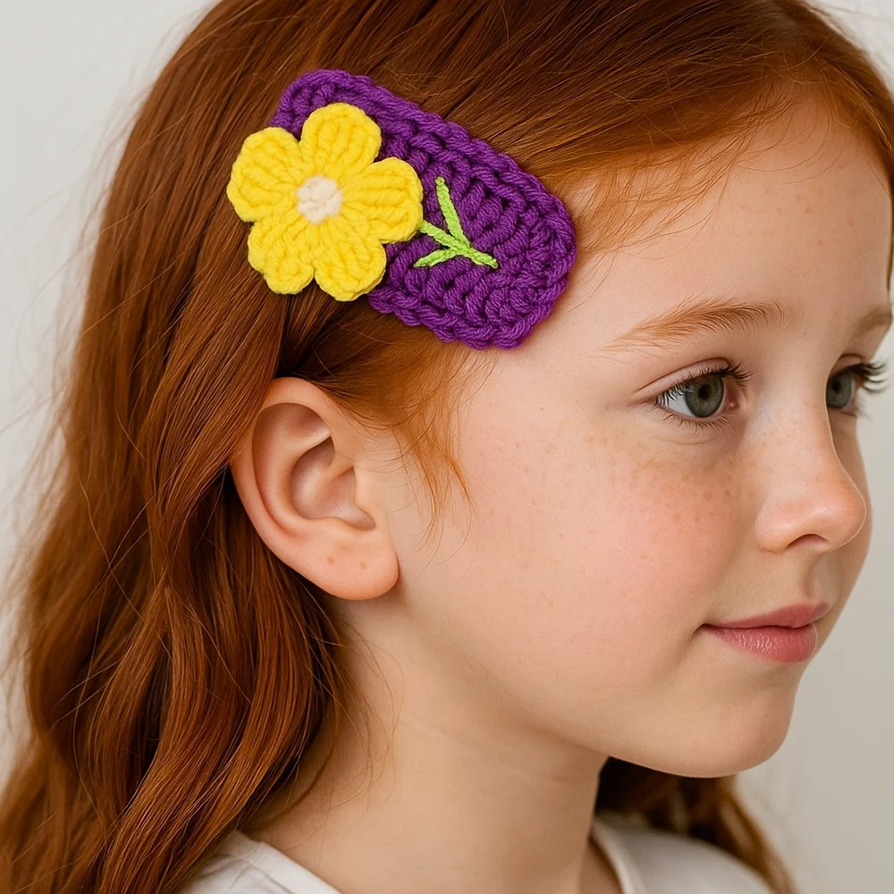 Hand Crafted crochet hair clip handmade  purple with yellow flower snap clip bow